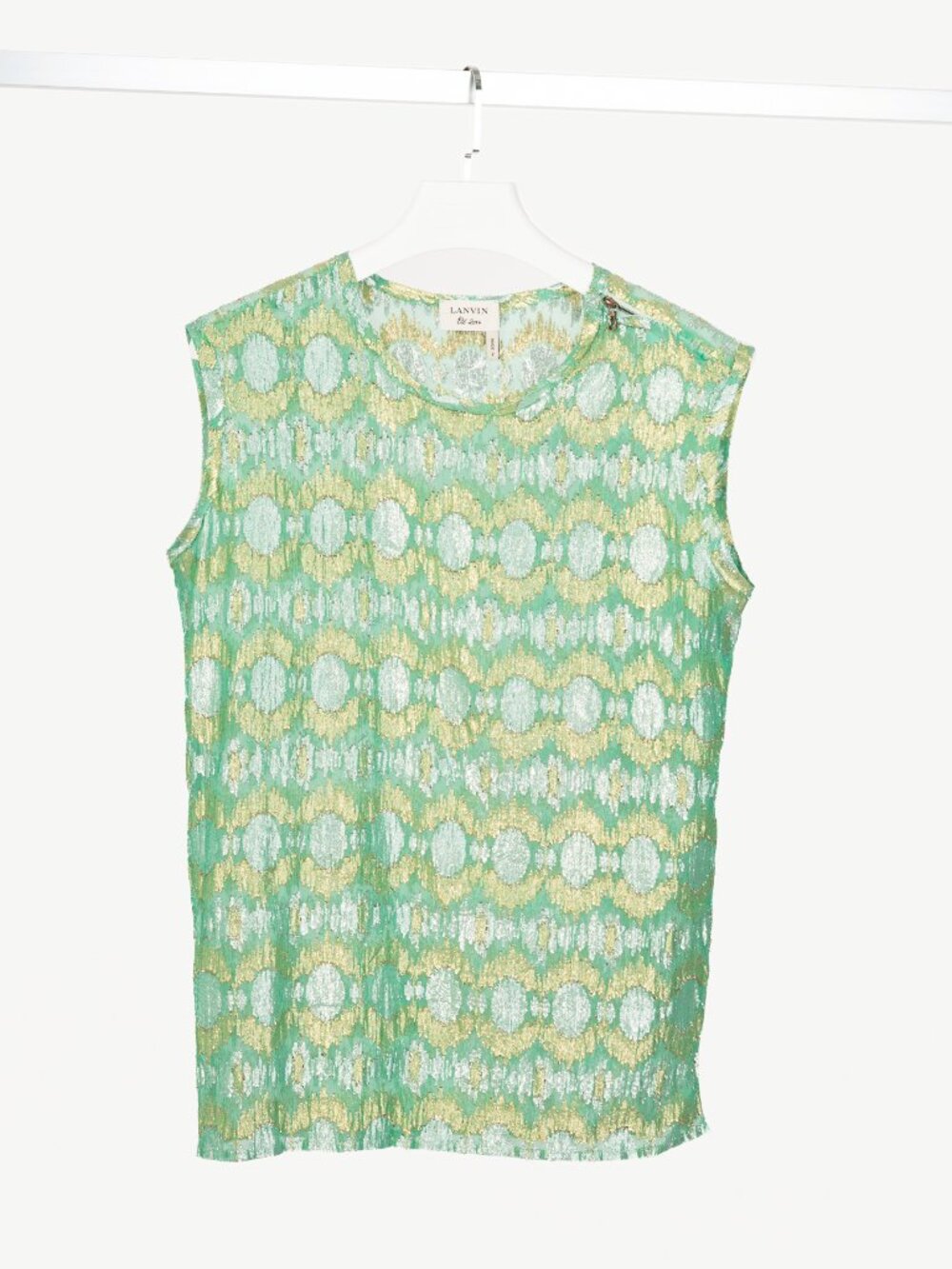 Lanvin SS14 Green Metallic Fil Coupe Geometric Silk-Crepe Tank